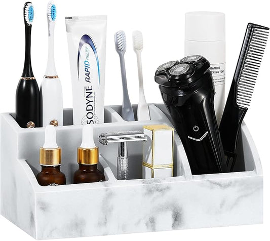 Luxspire Bathroom Counter Organizer, 5 Slot Toothbrush Holder, Marble Bathroom Accessories, Gravel White