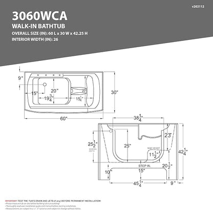 ANZZI Walk In Tubs PREMIUM 30"x60" Right Drain Wheelchair Accessible Walk-In Tub - 36 Jets, POWERED FAST DRAIN, V-Shape Back Massage, Gelcoat Construction | AMZ3060WCARWD