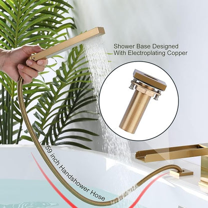 Waterfall Roman Tub Filler Faucet, Deck Mount Bathtub Filler with 360° Swivel Spout, 3 Holes Bathroom Tub Faucet with Sprayer, Brushed Gold