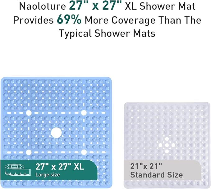 Large Light Blue Square Shower Mat Non Slip 27 x 27 Inch, Soft Bath Mat Tub Mat for Inside Shower Floor, Anti Slip Shower Stall Mats With Big Suction Cups Drain Hole, Easy Washable, BPA-Free