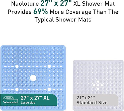 Large Light Blue Square Shower Mat Non Slip 27 x 27 Inch, Soft Bath Mat Tub Mat for Inside Shower Floor, Anti Slip Shower Stall Mats With Big Suction Cups Drain Hole, Easy Washable, BPA-Free
