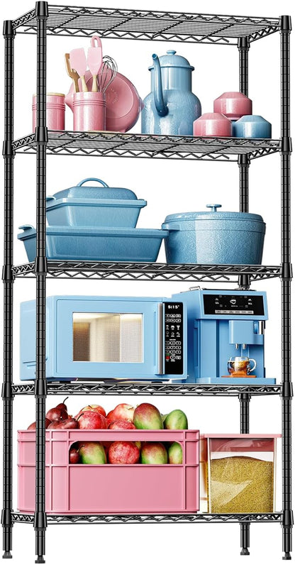 IZEUK 5 Tier Black Metal Storage Shelves, Heavy Duty Wire Shelving Rack for Garage, Kitchen, Bathroom, or Laundry Organization, 1250 lbs Capacity, 13.8" D x 35.4" W x 68.5" H