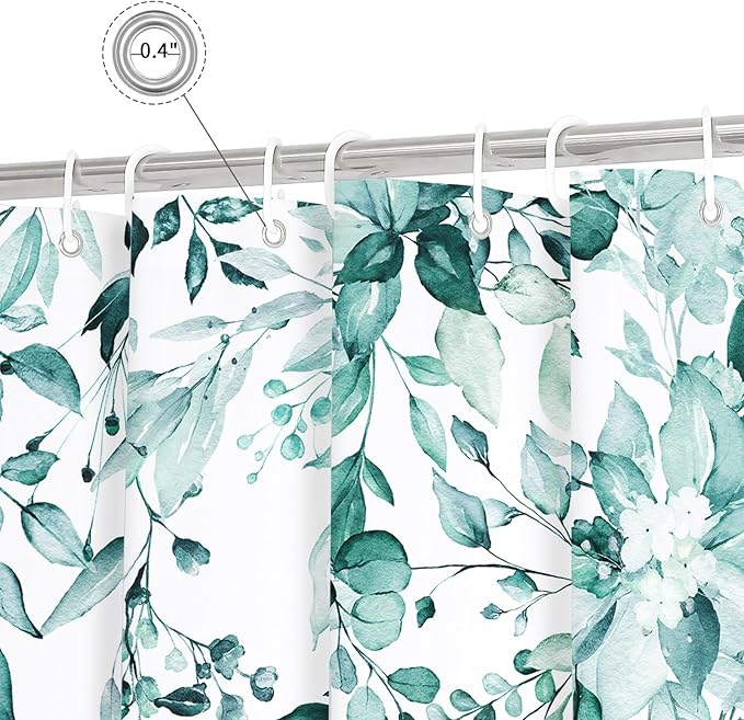 Gibelle Teal Eucalyptus Shower Curtain, Watercolor Plant Leaves with Floral Bathroom Shower Curtain Set with Hooks, 72x72