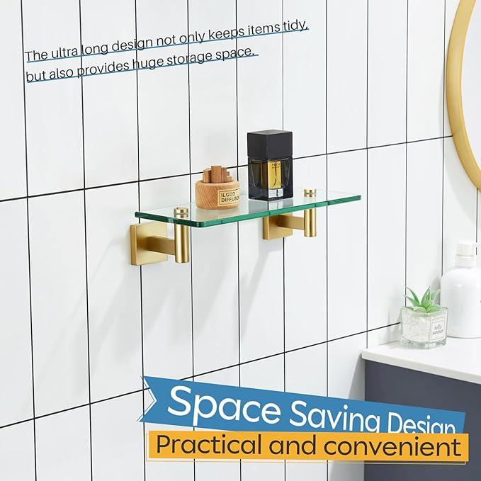 KOKOSIRI Wall Shelves Floating Shelf 12'' Stainless Steel Bathroom Hardware Tempered Glass Small Hanging Rack for Storage/Room Decor Gold B1105BG-L12