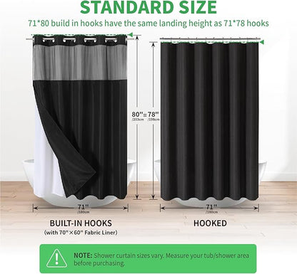Long No Hooks Needed Linen Textured Shower Curtain with Snap-in Fabric Liner Set,Black Hotel Luxury Decor Shower Curtains for Bathroom,Waterproof & Washable,71Wx80H