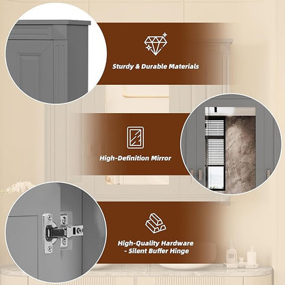 Merax Wall Mounted Bathroom Medicine Cabinet with Mirror, Bathroom Wall Cabinet with Doors and Shelves, 34" x 29" Mirrored Door Over Toilet Storage Cabinet, Black