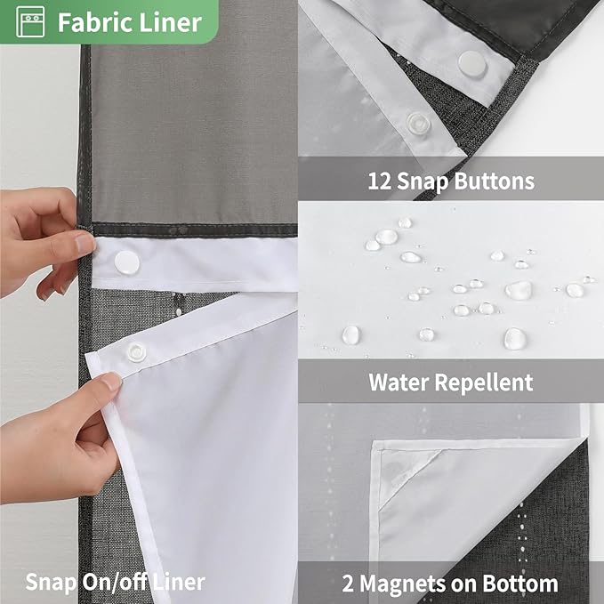 No Hook Extra Long Shower Curtain Set with Snap-in Liner,Linen Textured Thick Striped Fabric with Tassels,Boho Chic Modern Farmhouse Bathroom Curtain,Water-Repellent,Charcoal Grey,71x86