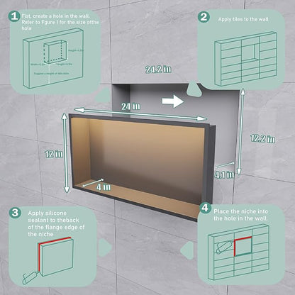 Shower Niche No Tile Needed with Waterproof LED Light Strip for Bathroom Storage， Bathroom for Shower Wall Lighted Niches，Stainless Steel Waterproof Shelf，Matte Black （ 24 x 12 in）