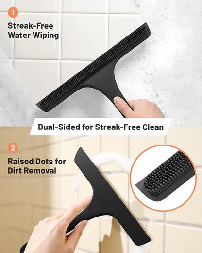 2-in-1 Silicone Shower Squeegee with Hook,Dual-Sided Design with Scraper & Scrub Surface,Rust-Proof Stainless Core,Streak-Free Bathroom Squeegee for Glass Doors,Mirrors,Windows,Car Windshields (Black)