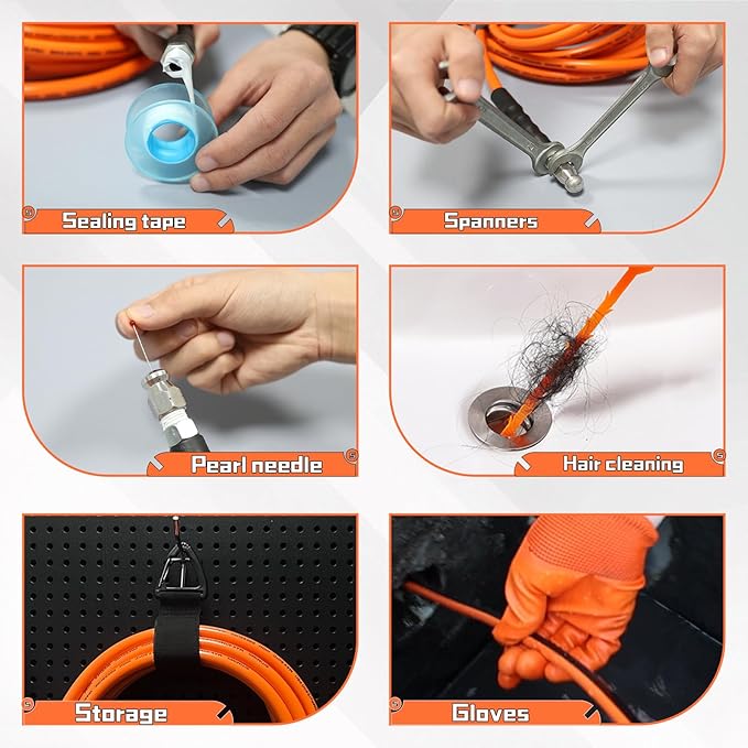 Sewer Jetter Kit for Pressure Washer 200FT,5800psi Drain Cleaner Hose 1/4 Inch Npt Corner, with 5 Sewer Jetting Nozzles Sealing Tape Pearl Corsage Pin Spanner Glove Drain Snake