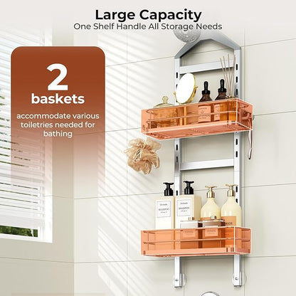 Orimade Aluminum Hanging Shower Caddy Over Head, Adjustable Bathroom Shelf with Hooks, Anti-Slip Rustproof Organizer Storage Rack Basket, Silver, 2 Tier