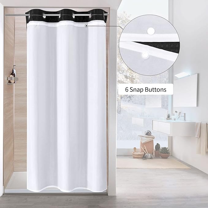 MitoVilla Black Waffle Small Stall Shower Curtain Liner Set 36 x 74, No Hooks Required Half Size Narrow Fabric Shower Curtain Set with Snap-in Liner for Modern Farmhouse Bathroom Decor