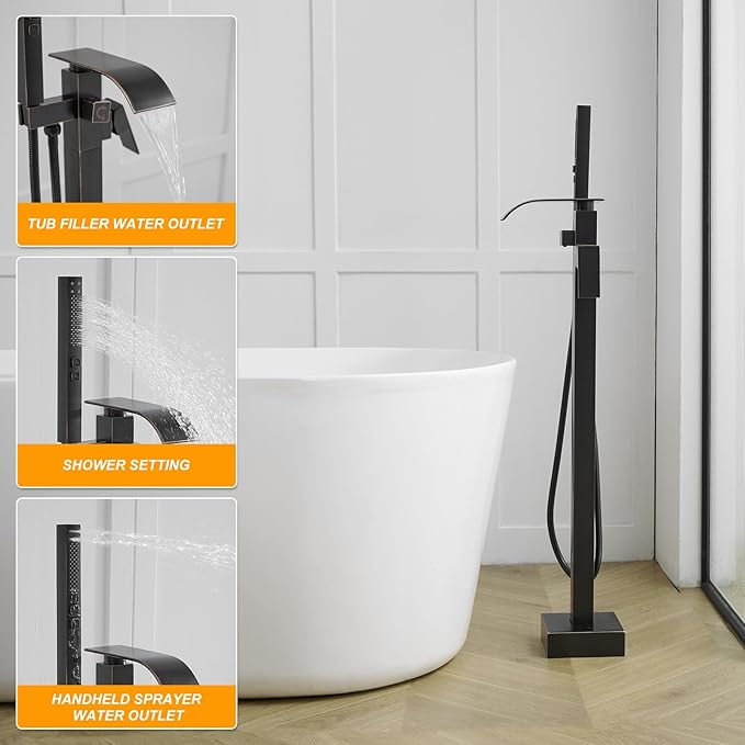 BESy Freestanding Tub Faucet Oil Rubbed Bronze Floor Mounted Tub Filler Faucet Brass Bathroom Tub Faucets with 2 Function Hand Shower