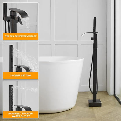 BESy Freestanding Tub Faucet Oil Rubbed Bronze Floor Mounted Tub Filler Faucet Brass Bathroom Tub Faucets with 2 Function Hand Shower