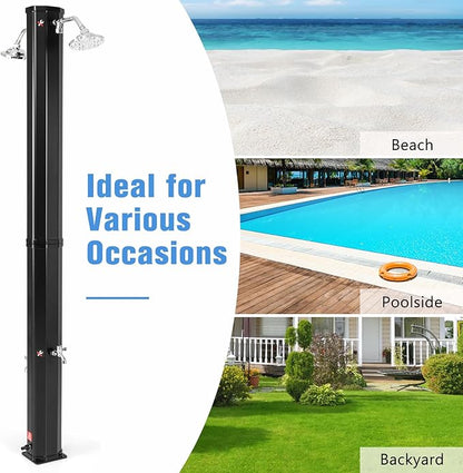 Goplus 9.3 Gallon Solar Heated Outdoor Shower, 7.2 FT Freestanding Garden Shower with Dual Swivel Shower Heads & 2 Foot Showers, Adjustable Temperature,for Poolside Backyard Beach
