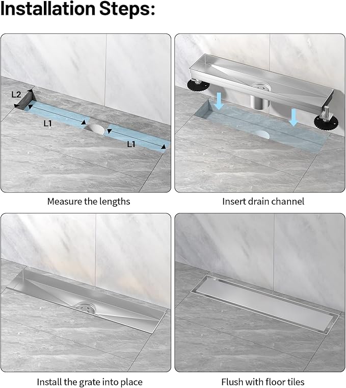 Linear Shower Drain, 304 Stainless Steel with Adjustable Leveling Feet, Hair Strainer,Reversely Install Place to Create an Invisible Floor Drain - Silver -54-Inch