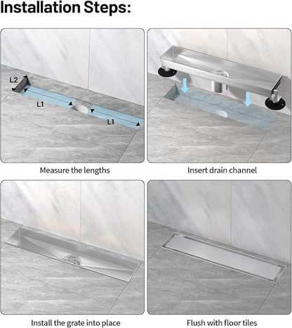 Linear Shower Drain, 304 Stainless Steel with Adjustable Leveling Feet, Hair Strainer,Reversely Install Place to Create an Invisible Floor Drain - Silver -16-Inch