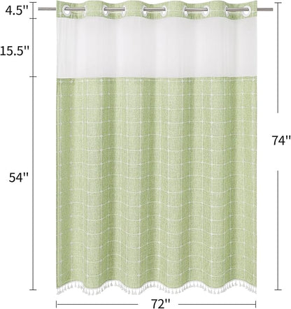 MitoVilla No Hooks Required Farmhouse Shower Curtain with Snap-in Liner - with Window & Magnets, Boho Cotton Linen Fabric Shower Curtains with Tassels for Rustic Bathroom Decor, Sage Green, 72 x 74