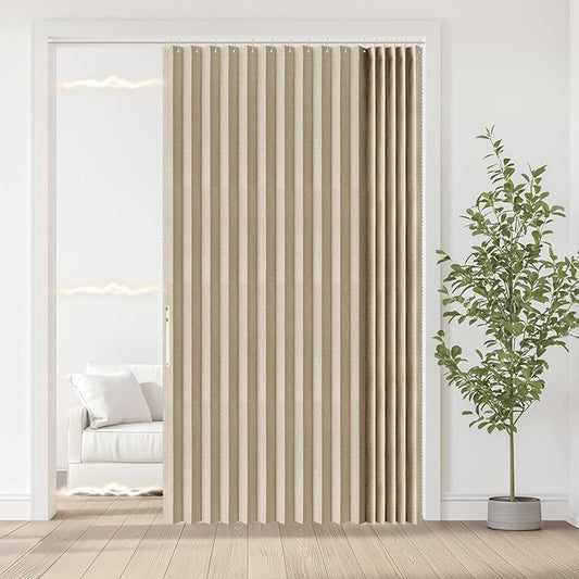 Accordian Door Curtain, 100% Blackout Folding Magnetic Doorway Curtains,Linen Style Closet Doors,for Room Divider,Privacy Protection（W72 x L78,Beige,1 Panel）