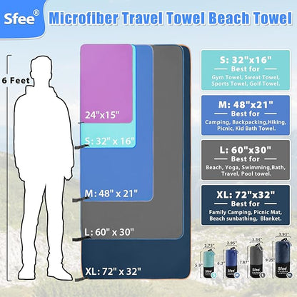 Sfee 2 Pack Microfiber Travel Towel, Quick Dry Camping Towel Large Beach Towel Super Absorbent Compact Lightweight Sports Gym Towels for Yoga, Gym, Hiking, Pool, Backpacking, Bath