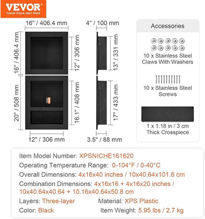 VEVOR Shower Niche Ready for Tile 16" x 16" & 16" x 20", Triple Shelf Organizer, Square Corners Wall-Inserted Niche Recessed, Sealed Protection Modern Soap Storage Niche for Shower Bathroom, Black