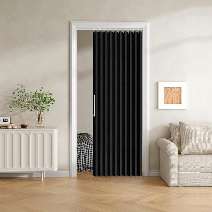 100% Blackout Fabric Folding Door Curtain with Magnetic Closure - Accordion Style for Sliding Doors, Closets,Wardrobe and Temporary Door Solutions Doorway Curtains（W42 x L78, Black，1 Panel）