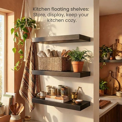 SAUMONIERES Floating Shelves Wall Shelf Solid Wood for Bathroom Bedroom Kitchen Set of 3, Black Wall Shelves