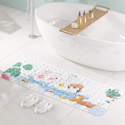 AmazerBath Baby Bath Mat Non Slip, Cartoon Kids Bath Mat for Tub 40 x 16 Inches Full Size, Non Slip Bathtub Mat with Suction Cups and Drain Holes, Shower Stall Mats - Elephant