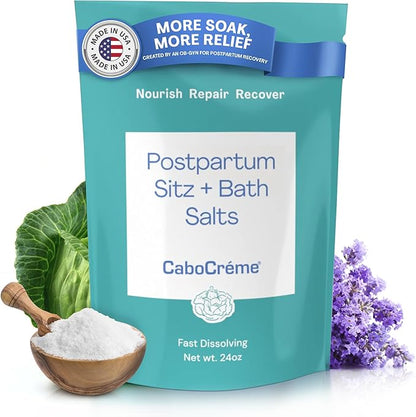 CaboCréme Postpartum Sitz + Bath Salts – 24oz – Postpartum Bath Soak for Perineal Care, Healing Tears, Swelling & Hemorrhoids – Dead Sea Salt with Magnesium – OB-GYN Created Recovery Essential