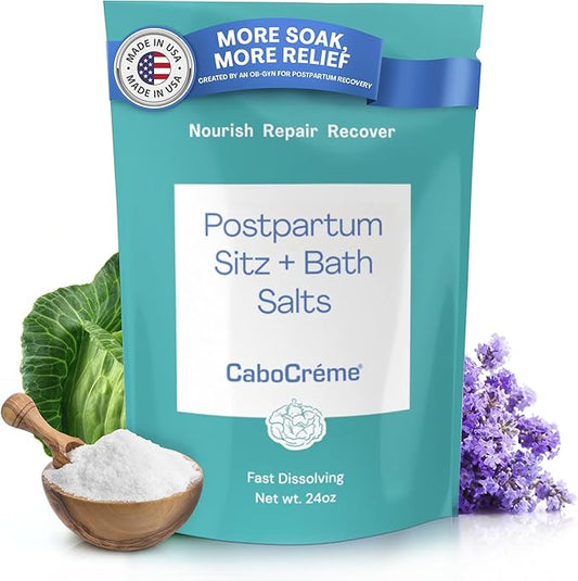 CaboCréme Postpartum Sitz + Bath Salts – 24oz – Postpartum Bath Soak for Perineal Care, Healing Tears, Swelling & Hemorrhoids – Dead Sea Salt with Magnesium – OB-GYN Created Recovery Essential