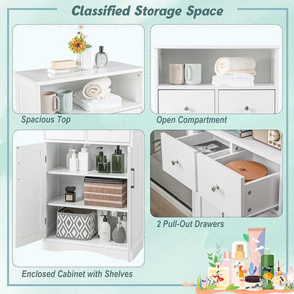 Tangkula Bathroom Cabinet, Floor Standing Storage Organizer w/2 Drawers & 2 Doors, 3-Position Adjustable Shelves, Anti-Toppling Design, Floor Cabinet for Bathroom (White, 2 Drawers & Cabinet)