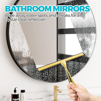 2PACK 10-Inch Golden All-Purpose Shower Squeegee for Shower Doors, Bath Linen Sets, Tile Shower Walls, Bathroom, Window, Glass and Car Windshield, Mirrors and Kitchen-Stainless Steel