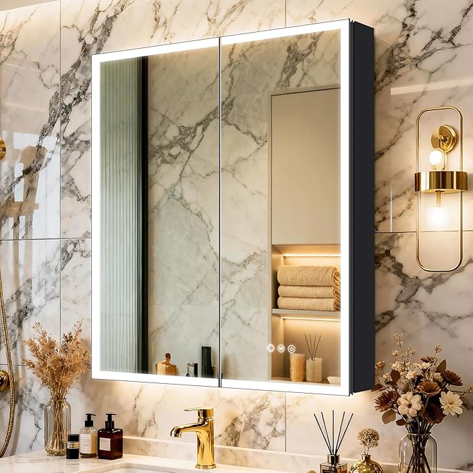 Aluminum Medicine Cabinet with Light,Stepless Glass Shelf,3 Colors Temperature,Dimmer,Backlit Lighting,Internal Light,USB Shaver Socket,Defogger,61cm×76cm