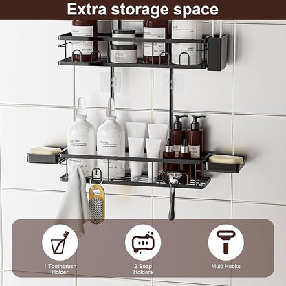 Shower Caddy Hanging, Rustproof Shower Shelves - No Drilling Inside Bath, Extended Length Shower Organizer with Soap Holder; Toothbrush Holder, Black
