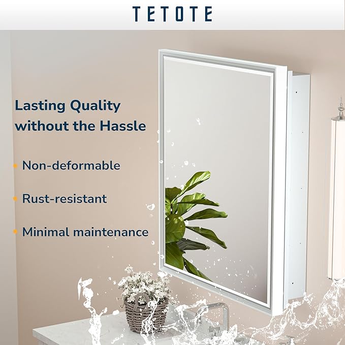 TETOTE Medicine Cabinet Mirror White Framed 21 x 27 Inch Aluminum Framed Surface or Recessed Wall-Mounted Bathroom Medicine Cabinets Beveled Mirror with Storage 1 Door Modern Farmhouse