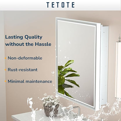 TETOTE Medicine Cabinet Mirror White Framed 21 x 27 Inch Aluminum Framed Surface or Recessed Wall-Mounted Bathroom Medicine Cabinets Beveled Mirror with Storage 1 Door Modern Farmhouse