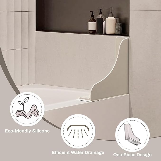 Roslim No-Adhesive 2-Pack All-Silicone Shower Splash Guard with Strong Suction Cups, Reusable Bath Tub Corner Water Blocker for Secure Seal，Keep Water in Shower or Bath, One-Piece Design, Taupe