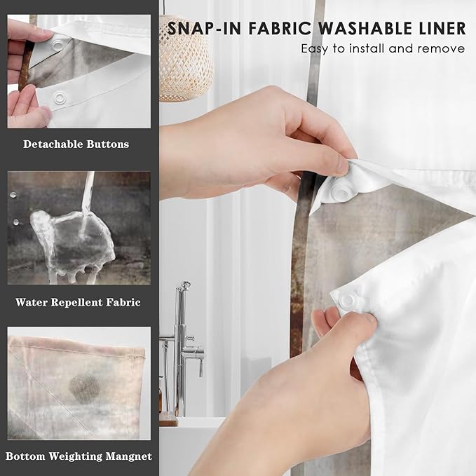 No Hook Grey Brown Painting Shower Curtain with Snap in Fabric Liner Set, Beige Abstract Double Layers Waterproof Fabric with See Through Top Window Open Grommet Bath Curtain 71x74 Inch