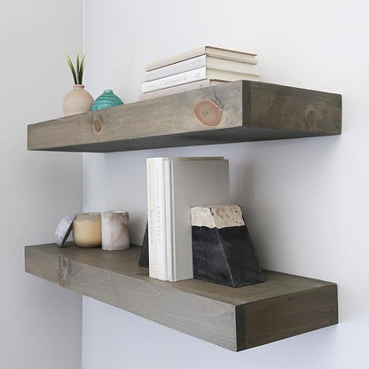Urbandi Modern Floating Shelves 3 Inches Thick for Wall, Wide Shelves for Kitchen, Living Room, Bedroom, and Bathroom, Natural Pine Wood, Rustic Wooden Shelf, (Set of 2) (Aged Barrel, 36Lx3Hx6D)