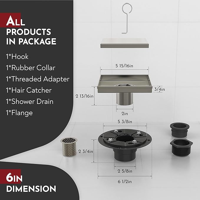 WEBANG 6 Inch Square Shower Drain Nickel Floor Drain with Flange Reversible 2-in-1 Cover Tile Insert Grate Removable SUS304 Stainless Steel CUPC Certified Brushed Nickel