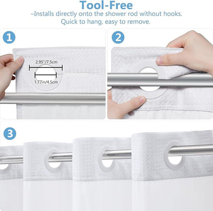 VANZAVANZU Hookless Shower Curtain with Mesh Top and Snap in Waterproof Liner, Waffle Weave, Weighted Magnets Hem, Machine Washable, 72 x 75 Inches – (White)