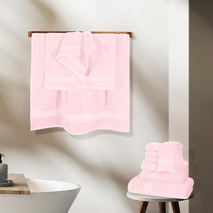 GLAMBURG Ultra Soft 24-Piece Towel Set - 100% Pure Ringspun Cotton, Contains 8 Oversized Bath Towels 27x54, 8 Hand Towels 16x28, 8 Wash Cloths 13x13 - Ideal for Everyday use, Hotel & Spa - Pink