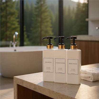 Modern Gold Design Pump Bottle Set 27 oz Refillable Shampoo and Conditioner Dispenser Empty Shower Plastic Bottles with Pump for Bathroom Lotion Body wash Massage Oils, Pack of 3 (Black)