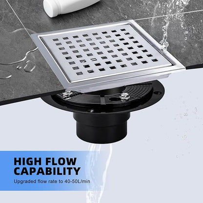 morefine Square Shower Drain with Flange, Shower Drain 6 inch with Removable Grate Cover, SUS 304 Stainless Steel, Brushed Nickel