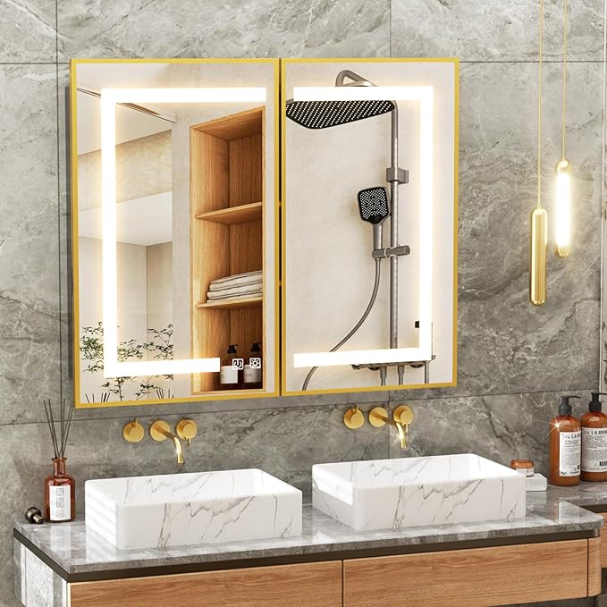 APRILSOUL 40X32 Inch Gold Bathroom Medicine Cabinet with Mirror, Recessed or Surface Lighted Medicine Cabinet with 3 Colors Temperature, Dimmable Light