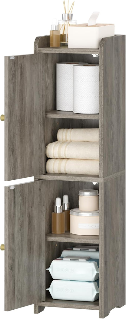Bathroom Storage Cabinet, Corner Floor Cabinet with 2 Doors and Adjustable Shelf, Narrow Toilet Paper Cabinets, Bathroom Organizer for Small Spaces, 7.9" D x 7.9" W x 29.5" H Greige