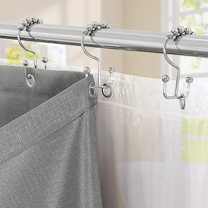 MitoVilla 3 in 1 Shower Curtain Set, Grey Boho Farmhouse Linen Textured Bath Curtain and Clear PEVA Liner Set with 12 Double Sided Steel Hooks, Waterproof Fabric Hotel Bathroom Curtain - 72x72