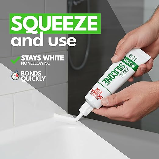 Silicone Caulk - Squeeze Tube Silicone Sealant for Wood, Kitchen, Bathroom, Sink, and Windows - Multi-Purpose & Waterproof (White)