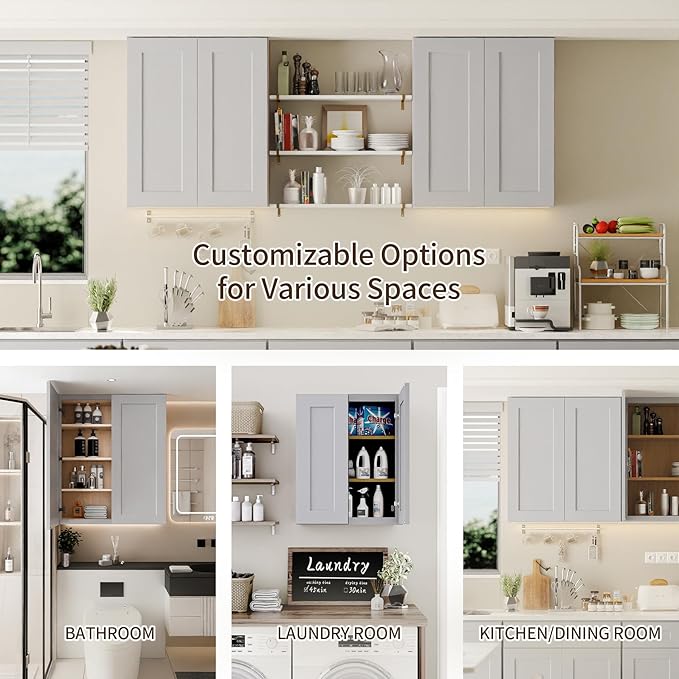 33 Inch Laundry Room Cabinets Wall Mounted, Solid Wood Over The Toilet Storage Cabinet, Bathroom Organizer Cabinets with 2 Door & 3 Shelves, Easy to Assemble for Kitchen, Garage - Dark Gray