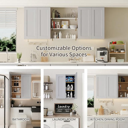 33 Inch Laundry Room Cabinets Wall Mounted, Solid Wood Over The Toilet Storage Cabinet, Bathroom Organizer Cabinets with 2 Door & 3 Shelves, Easy to Assemble for Kitchen, Garage - Dark Gray